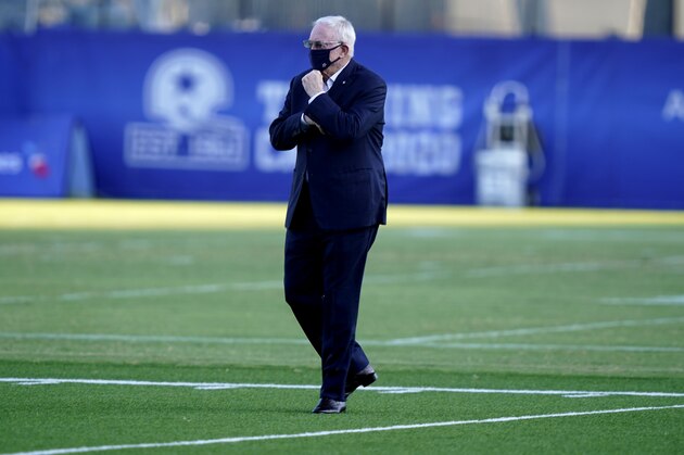 Dallas Cowboys owner Jerry Jones walks the field during a visit to watch NFL football practice in Frisco, Texas, Friday, Aug. 21, 2020. (AP Photo/LM Otero)