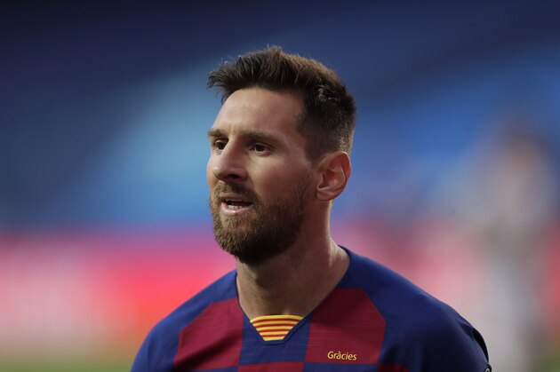 Barcelona's Lionel Messi during the Champions League quarterfinal match between FC Barcelona and Bayern Munich at the Luz stadium in Lisbon, Portugal, Friday, Aug. 14, 2020. (AP Photo/Manu Fernandez/Pool)