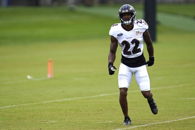 Baltimore Ravens cornerback Jimmy Smith works out during an NFL football camp practice, Wednesday, Aug. 19, 2020, in Owings Mills, Md. (AP Photo/Julio Cortez)