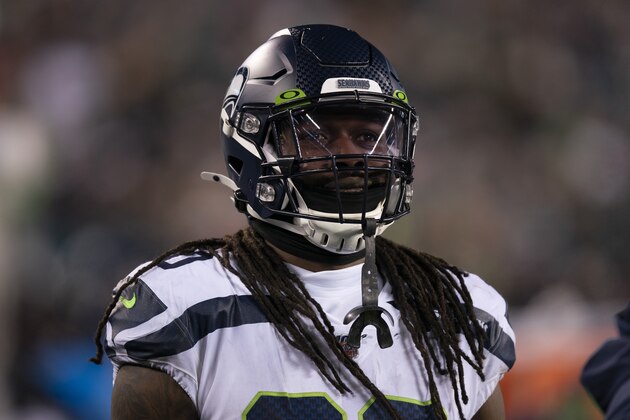 Seattle Seahawks defensive end Jadeveon Clowney (90) looks on during an NFL wild-card playoff football game against the Philadelphia Eagles, Sunday, Jan. 5, 2020, in Philadelphia. Seattle won 17-9. (AP Photo/Chris Szagola)
