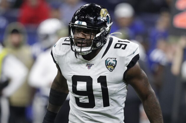 FILE - This Sunday, Nov. 17, 2019 file photo shows Jacksonville Jaguars defensive end Yannick Ngakoue (91) during the first half of an NFL football game against the Indianapolis Colts in Indianapolis. The Jaguars have agreed to send Ngakoue to the Minnesota Vikings for a second-round draft pick in 2021 and a conditional fifth-rounder in 2022, a person familiar with the trade said Sunday, Aug. 30, 2020. (AP Photo/Michael Conroy)