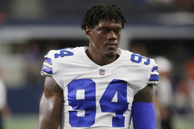 Dallas Cowboys defensive end Randy Gregory (94) warms up before an preseason NFL Football game in Arlington, Texas, Saturday, Aug. 18, 2018. (AP Photo/Ron Jenkins)