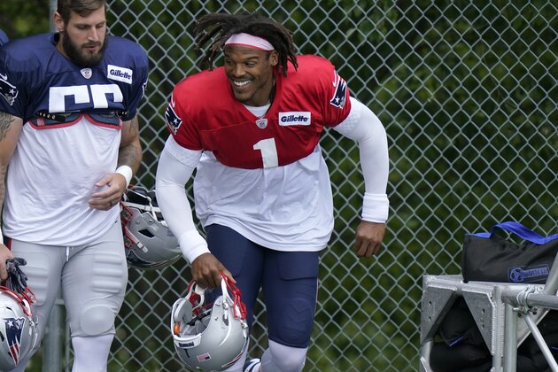 New England Patriots quarterback Cam Newton (1) steps on the field for an NFL football training camp practice, Thursday, Aug. 27, 2020, in Foxborough, Mass. (AP Photo/Steven Senne, Pool)