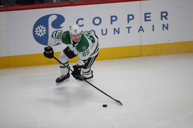Dallas Stars left wing Joel Kiviranta (25) in overtime the third period of an NHL hockey game Tuesday, Jan. 14, 2020, in Denver. Dallas won 3-2 in overtime. (AP Photo/David Zalubowski)