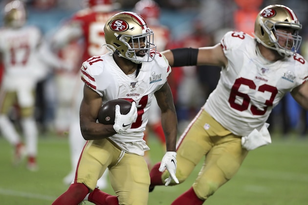 San Francisco 49ers running back Raheem Mostert (31) rushes against the Kansas City Chiefs at Super Bowl 54 on Feb. 2, 2020, in Miami Gardens, Fla. The Chiefs won the game 31-20. (AP Photo/Gregory Payan)