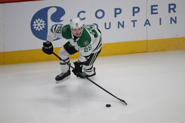 Dallas Stars left wing Joel Kiviranta (25) in overtime the third period of an NHL hockey game Tuesday, Jan. 14, 2020, in Denver. Dallas won 3-2 in overtime. (AP Photo/David Zalubowski)