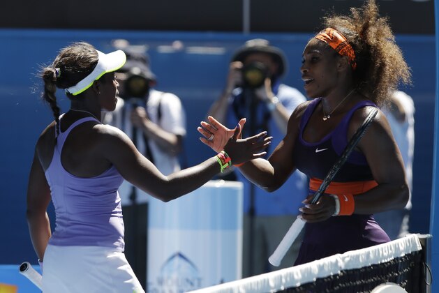 Sloane Stephens, left, of the US is congratulated by compatriot Serena Williams after winning their quarterfinal match at the Australian Open tennis championship in Melbourne, Australia, Wednesday, Jan. 23, 2013.  (AP Photo/Rob Griffith) (AP Photo/Andy Wong)