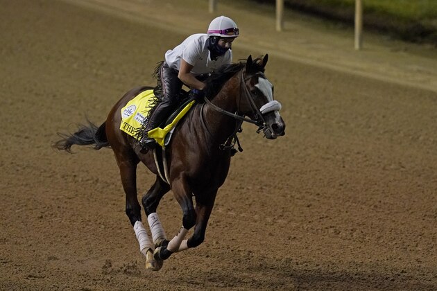 Kentucky Derby entry Tiz The Law runs during an early morning workout at Churchill Downs, Friday, Sept. 4, 2020, in Louisville, Ky. The Kentucky Derby is scheduled for Saturday, Sept. 5th. (AP Photo/Charlie Riedel)