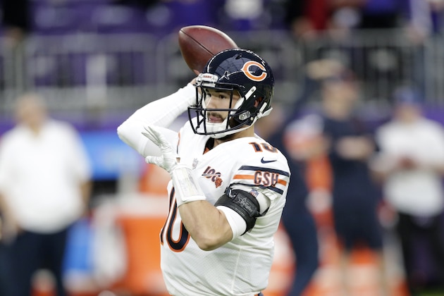 Chicago Bears quarterback Mitchell Trubisky warms up before an NFL football game against the Minnesota Vikings, Sunday, Dec. 29, 2019, in Minneapolis. (AP Photo/Andy Clayton-King)