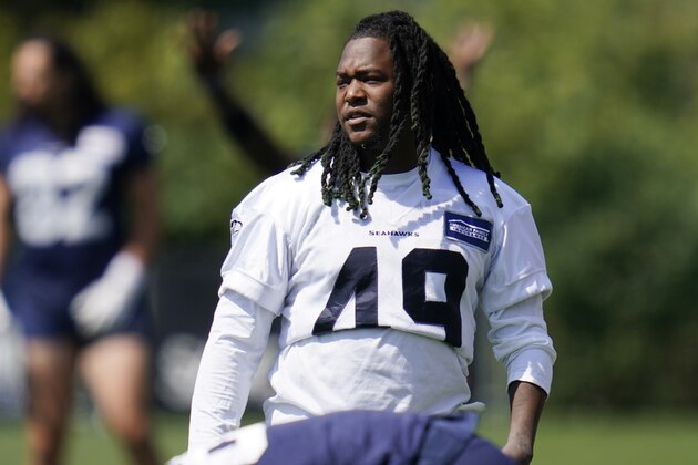 Seattle Seahawks linebacker Shaquem Griffin stands on the field Thursday, Aug. 13, 2020, during an NFL football training camp in Renton, Wash. (AP Photo/Elaine Thompson)