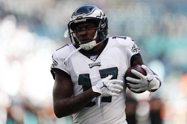 Philadelphia Eagles wide receiver Alshon Jeffery (17) warms up, before an NFL football gam against the Miami Dolphins, Sunday, Dec. 1, 2019, in Miami Gardens, Fla. (AP Photo/Brynn Anderson)