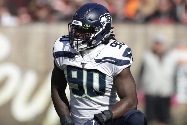 Seattle Seahawks outside linebacker Jadeveon Clowney (90) plays against the Cleveland Browns during the second half of an NFL football game, Sunday, Oct. 13, 2019, in Cleveland. (AP Photo/Ron Schwane) Seattle Seahawks outside linebacker Jadeveon Clowney (90) plays against the Cleveland Browns during the second half of an NFL football game, Sunday, Oct. 13, 2019, in Cleveland. (AP Photo/Ron Schwane)