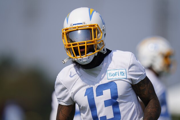 Los Angeles Chargers wide receiver Keenan Allen stands on the field during an NFL football camp practice Wednesday, Aug. 19, 2020, in Costa Mesa, Calif. (AP Photo/Jae C. Hong)