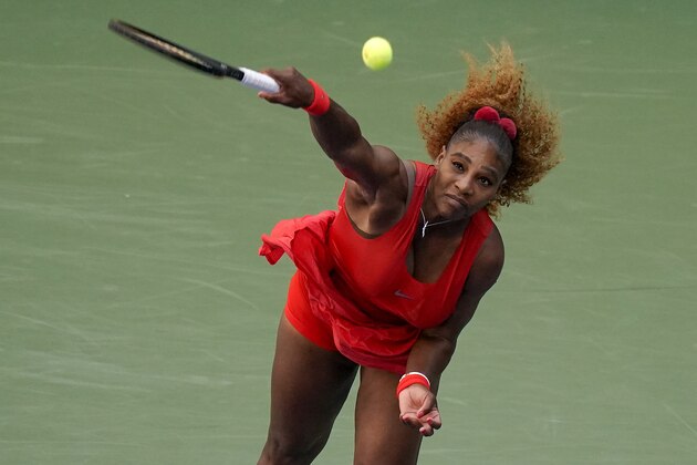 Serena Williams, of the United States, serves to Sloane Stephens, of the United States, during the third round of the US Open tennis championships, Saturday, Sept. 5, 2020, in New York. (AP Photo/Seth Wenig)