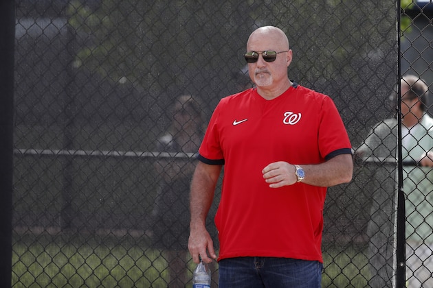 Washington Nationals general manager Mike Rizzo is seen during spring training baseball practice Monday, Feb. 17, 2020, in West Palm Beach, Fla. (AP Photo/Jeff Roberson)