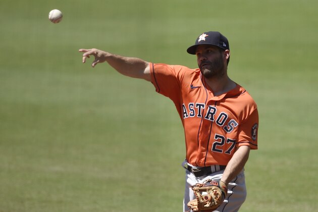 Houston Astros second baseman Jose Altuve throws to first base during the third inning of a baseball game against the San Diego Padres in San Diego, Sunday, Aug. 23, 2020. (AP Photo/Kelvin Kuo)