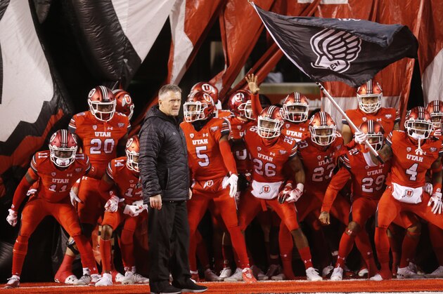 FILE - In this Nov. 24, 2018, file photo, Utah head coach Kyle Whittingham and his team prepares to take the field prior to their game against the BYU during an NCAA college football game, in Salt Lake City. The Utes were selected to win the Pac-12 in the preseason media poll and they're also ranked in the preseason coaches' poll. (AP Photo/Rick Bowmer, File)