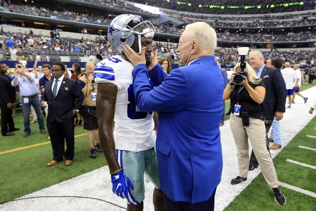 Dallas Cowboys wide receiver Dez Bryant (88) talks to team owner Jerry Jones before an NFL football game against the New York Giants on Sunday Sept. 11,  2016, in Arlington, Texas. (AP Photo/Ron Jenkins)