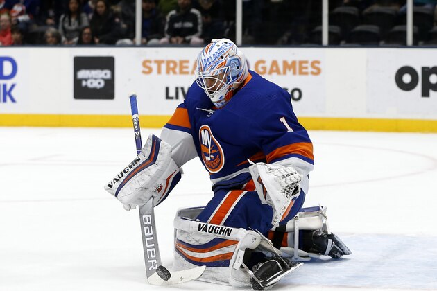 New York Islanders goaltender Thomas Greiss (1) defends the net during an NHL hockey game against the Carolina Hurricanes, Saturday, March 7, 2020, in Uniondale, NY. (AP Photo/Jim McIsaac)