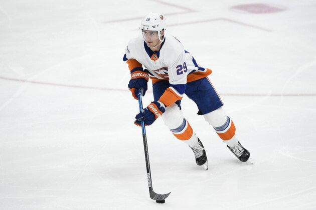 New York Islanders center Brock Nelson (29) skates with the puck during the second period of an NHL hockey game against the Washington Capitals, Monday, Feb. 10, 2020, in Washington. (AP Photo/Nick Wass)