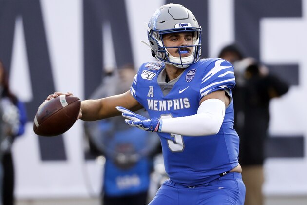 FILE - In this Dec. 7, 2019, file photo, Memphis quarterback Brady White passes against Cincinnati during an NCAA college football game for the American Athletic Conference championship in Memphis, Tenn. After winning their first American Athletic Conference last season, the Memphis Tigers want to make sure they do not skip a beat with head coach Ryan Silverfield now their third different coach in six seasons. (AP Photo/Mark Humphrey, File)