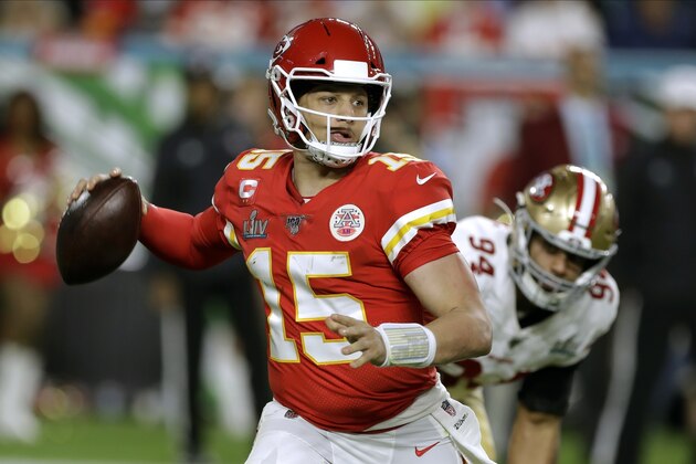 Kansas City Chiefs quarterback Patrick Mahomes drops back to pass against the San Francisco 49ers during the first half of the NFL Super Bowl 54 football game Sunday, Feb. 2, 2020, in Miami Gardens, Fla. (AP Photo/Chris O'Meara)