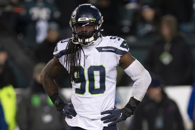Seattle Seahawks defensive end Jadeveon Clowney (90) looks on during an NFL wild-card playoff football game against the Philadelphia Eagles, Sunday, Jan. 5, 2020, in Philadelphia. Seattle won 17-9. (AP Photo/Chris Szagola)