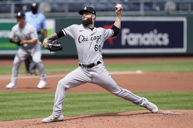 Chicago White Sox starting pitcher Dallas Keuchel delivers to a Kansas City Royals batter during the first inning of a baseball game at Kauffman Stadium in Kansas City, Mo., Sunday, Sept. 6, 2020.(AP Photo/Orlin Wagner)