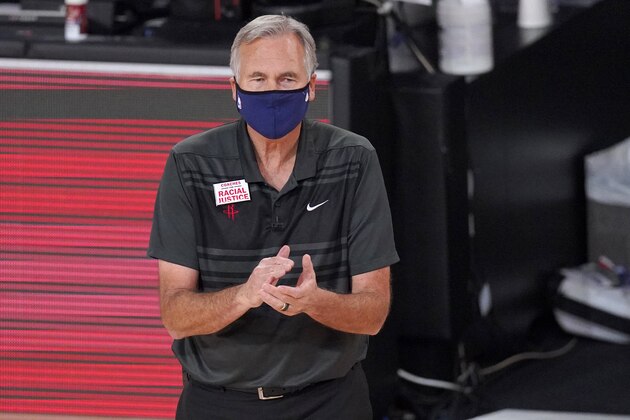 Houston Rockets head coach Mike D'Antoni applauds his team during the second half of an NBA first-round playoff basketball game against the Oklahoma City Thunder on Monday, Aug. 31, 2020, in Lake Buena Vista, Fla. (AP Photo/Mark J. Terrill)