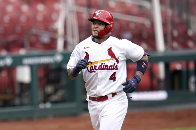 St. Louis Cardinals' Yadier Molina rounds the bases after hitting a solo home run during the fifth inning in the first game of a baseball doubleheader against the Pittsburgh Pirates Thursday, Aug. 27, 2020, in St. Louis. (AP Photo/Jeff Roberson)