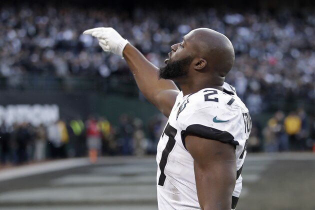Jacksonville Jaguars running back Leonard Fournette during the second half of an NFL football game in Oakland, Calif., Sunday, Dec. 15, 2019. Jacksonville won the game 20-16. (AP Photo/Ben Margot)