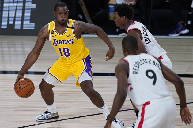 Los Angeles Lakers' Dion Waiters (18) plays against the Toronto Raptors during the first half of an NBA basketball game Saturday, Aug. 1, 2020, in Lake Buena Vista, Fla. (AP Photo/Ashley Landis, Pool)