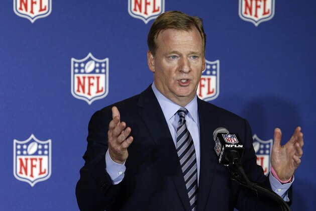 FILE - In this May 24, 2016, file photo, NFL commissioner Roger Goodell answers reporter's questions at an NFL owner's meeting in Charlotte N.C.  Goodell disagrees with Colin Kaepernick's choice to kneel during the national anthem, but recognizes the quarterback's right to protest. Asked by The Associated Press about Kaepernick's decision not to stand before games when the national anthem is played, Goodell says:
