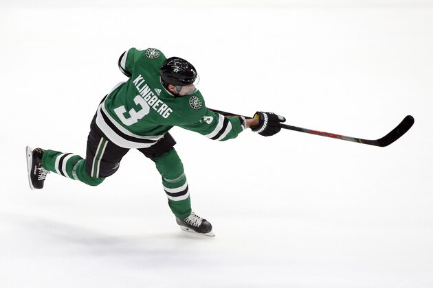 Dallas Stars defenseman John Klingberg follows thru on a shot against the Buffalo Sabres during an NHL hockey game in Dallas, Thursday, Jan. 16, 2020. Sabres won 4-1. (AP Photo/Ray Carlin)