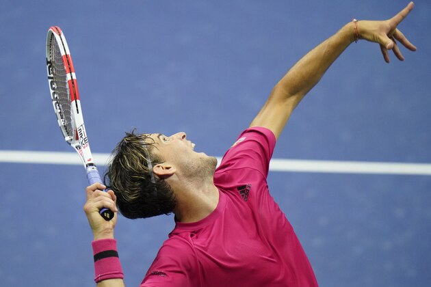 Dominic Thiem, of Austria, serves to Marin Cilic, of Croatia, during the third round of the US Open tennis championships, Saturday, Sept. 5, 2020, in New York. (AP Photo/Frank Franklin II)