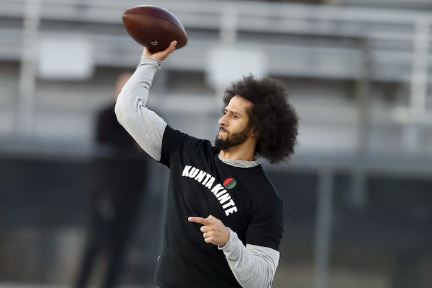 FILE - In this Nov. 16, 2019, file photo, free agent quarterback Colin Kaepernick participates in a workout for NFL football scouts and media in Riverdale, Ga. Kaepernick was a second-round draft pick in 2011 who the next year led the San Francisco 49ers to the Super Bowl. By 2016, he had begun kneeling on the sideline at games during the national anthem to protest social injustice and police brutality. Â Soon after, he was gone from the NFL, and he has not played since. (AP Photo/Todd Kirkland, File)