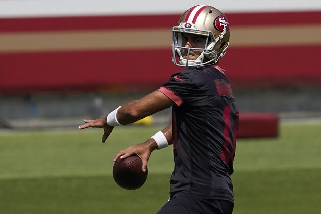 San Francisco 49ers quarterback Jimmy Garoppolo during NFL football practice in Santa Clara, Calif., Wednesday, Sept. 2, 2020. (AP Photo/Jeff Chiu, Pool)