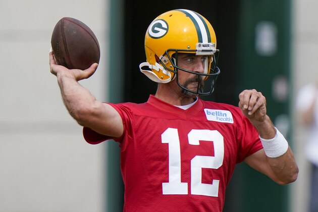 Green Bay Packers' Aaron Rodgers throws during NFL football training camp Saturday, Aug. 15, 2020, in Green Bay, Wis. (AP Photo/Morry Gash)