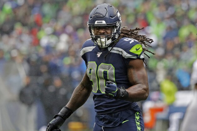 Seattle Seahawks outside linebacker Jadeveon Clowney in action against the Baltimore Ravens during an NFL football game, Sunday, Oct. 20, 2019, in Seattle. (AP Photo/Elaine Thompson)