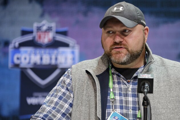 FILE - In this Feb. 25, 2020, file photo, New York Jets general manager Joe Douglas speaks during a press conference at the NFL football scouting combine in Indianapolis. Douglas and the Jets were busy in free agency, filling some of the many holes that marked the team's talent-needy roster. There are still plenty more to plug. With the No. 11 overall pick in the NFL draft, the Jets will have the opportunity to add an impact player early. (AP Photo/Michael Conroy, File)