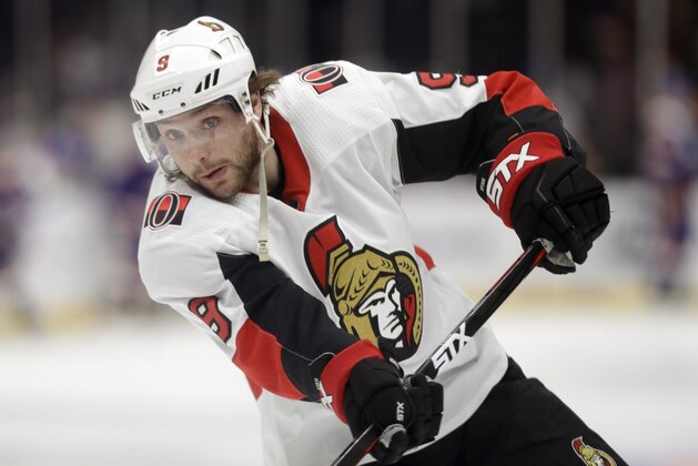 Ottawa Senators right wing Bobby Ryan (9) warms up before an NHL hockey game, Tuesday, March 5, 2019, in Uniondale. (AP Photo/Kathy Willens)