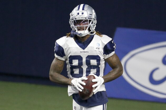 Dallas Cowboys wide receiver CeeDee Lamb (88) jogs back to the line of scrimmage during an NFL football training camp in Frisco, Texas, Sunday, Sept. 23, 2020. (AP Photo/Michael Ainsworth)