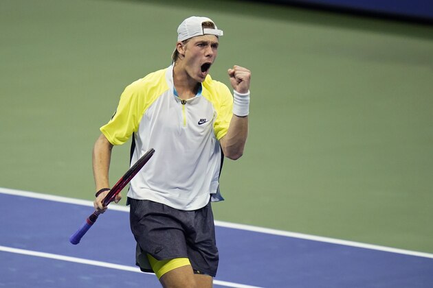 Denis Shapovalov, of Canada, reacts after winning the third set against David Goffin, of Belgium, during the fourth round of the US Open tennis championships, Sunday, Sept. 6, 2020, in New York. (AP Photo/Frank Franklin II)