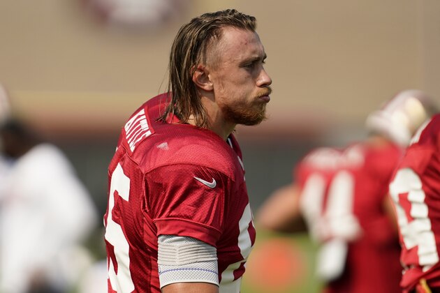 San Francisco 49ers tight end George Kittle during NFL football practice in Santa Clara, Calif., Tuesday, Aug. 18, 2020. (AP Photo/Jeff Chiu, Pool)