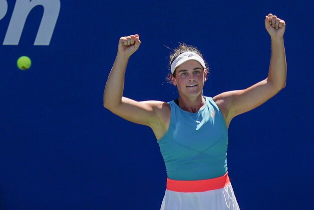 Jennifer Brady, of the United States, reacts after defeating Angelique Kerber, of Germany, during the fourth round of the US Open tennis championships, Sunday, Sept. 6, 2020, in New York. (AP Photo/Seth Wenig)