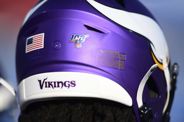 This is the NFL logo celebrating the league's 100th season on a Minnesota Vikings player's helmet during warmups before an NFL preseason football game against the Buffalo Bills in Orchard Park, N.Y., Thursday, Aug. 29, 2019. (AP Photo/David Dermer)
