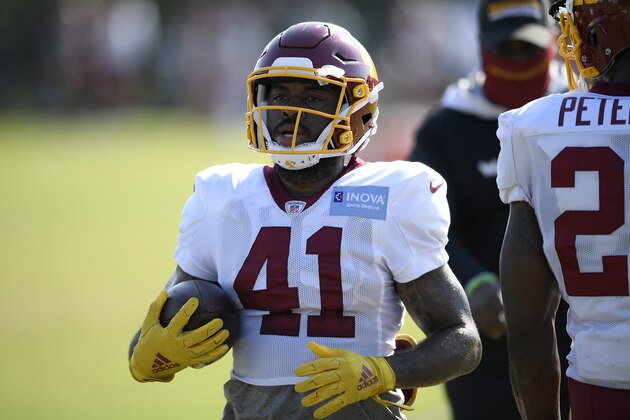 Washington running back J.D. McKissic (41) stands on the field during practice at the team's NFL football training facility, Monday, Aug. 24, 2020, in Ashburn, Va. (AP Photo/Nick Wass)