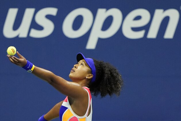 Naomi Osaka, of Japan, serves to Anett Kontaveit, of Estonia, during the fourth round of the US Open tennis championships, Monday, Sept. 7, 2020, in New York. (AP Photo/Frank Franklin II)