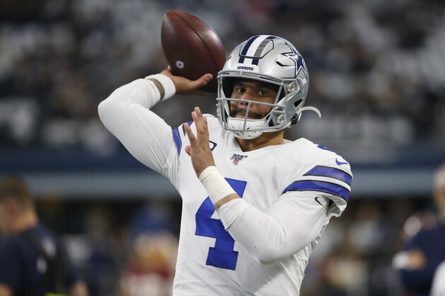 Dallas Cowboys quarterback Dak Prescott (4) prior to an NFL football game against the Washington Redskins in Arlington, Texas, Sunday, Dec. 15, 2019. (AP Photo/Ron Jenkins)