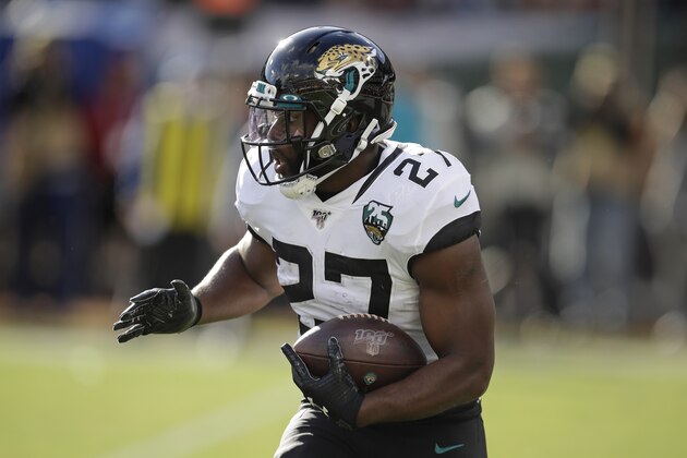 Jacksonville Jaguars running back Leonard Fournette during the first half of an NFL football game in Oakland, Calif., Sunday, Dec. 15, 2019. (AP Photo/Ben Margot)